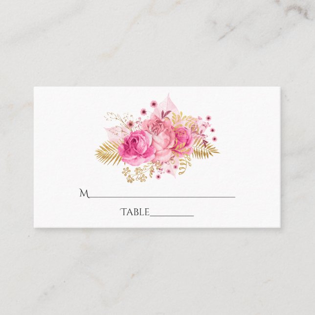 Rosa und goldene tropische Platzkarte (Vorderseite)