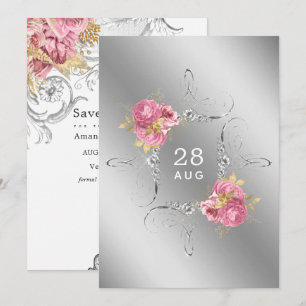 Rosa und goldene und silberfarbene Diamantenhochze Save The Date