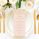 Rosa und goldene Vintage glanzfarbene Hochzeit Menükarte<br><div class="desc">Eleganter und glamouröser Deko Vintager Kunst inspiriert Menü-Karte-Design für Hochzeitsessen bietet ein verziertes dekoratives Randdesign mit einem metallischen Champagnergold-Schimmer-Aussehen und rot-rosa Hintergrundfarbe.</div>