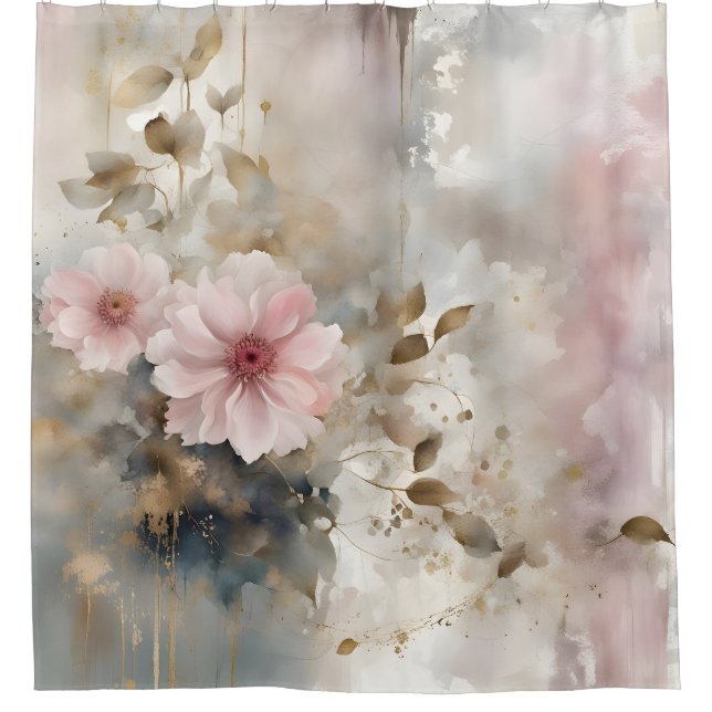 Rosa und goldene Wabi-Sabi Blume Grau Hintergrund Duschvorhang (Vorderseite)