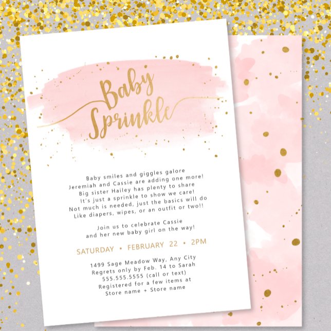 Rosa und goldene Wasserfarbe Girl Baby Sprinkle Einladung (Von Creator hochgeladen)