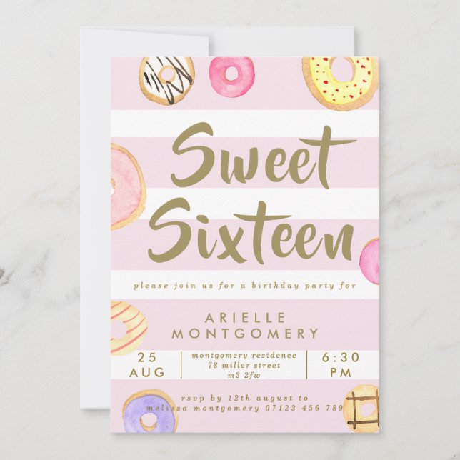 Rosa und goldene WasserfarbenDonuts Sweet 16 Party Einladung (Vorderseite)