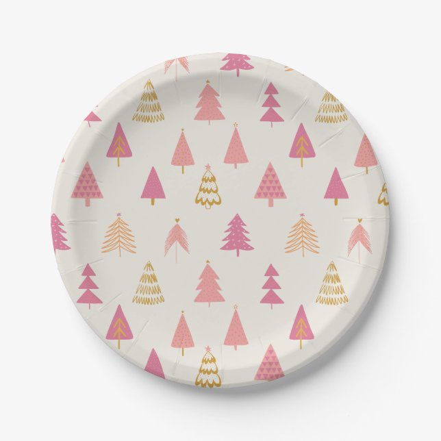 Rosa und goldene Weihnachtsbäume Pappteller (Vorderseite)