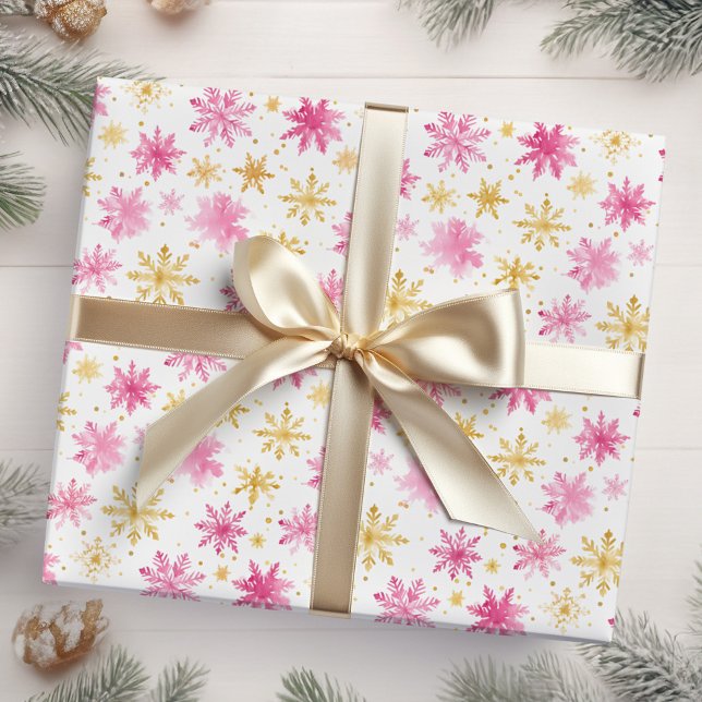 Rosa und goldene Weihnachtsschneeflocken Geschenkpapier (Von Creator hochgeladen)