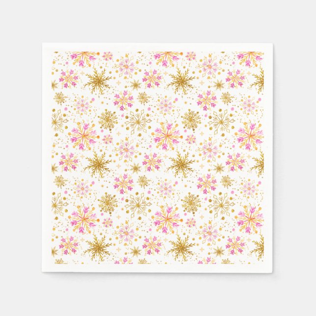 Rosa und goldene Winterschneeflocken Serviette (Vorderseite)