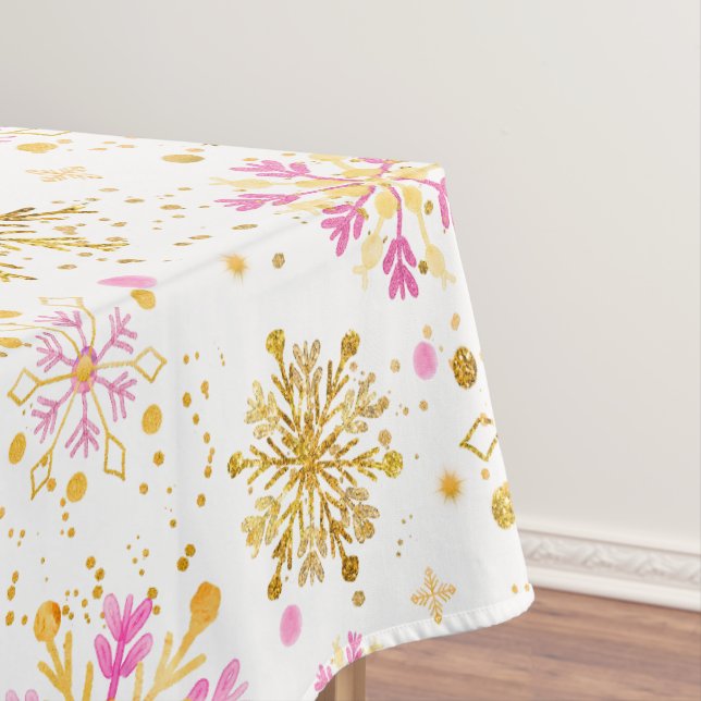 Rosa und goldene Winterschneeflocken Tischdecke (Beispiel)