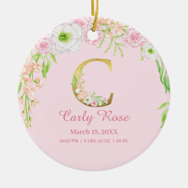 Rosa und goldener Buchstabe "C" Blumenmonogramm Ge Keramik Ornament (Vorne)