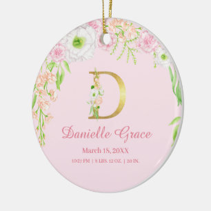 Rosa und goldener Buchstabe "D" Blumenmonogramm Ge Keramik Ornament