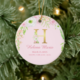 Rosa und goldener Buchstabe "H" Blumenmonogramm Ge Keramik Ornament
