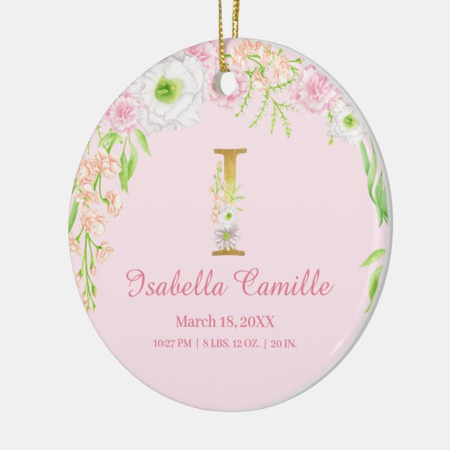 Rosa und goldener Buchstabe "I" Blumenmonogramm Ge Keramik Ornament (Links)