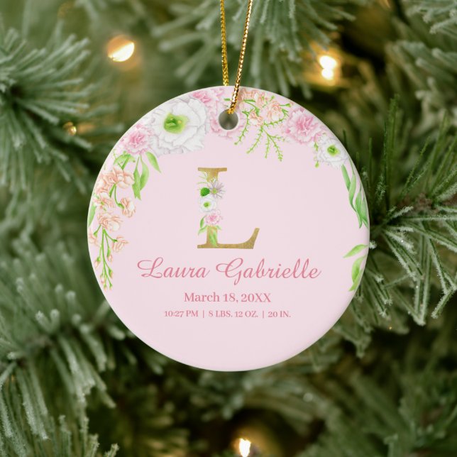 Rosa und goldener Buchstabe "L" Blumenmonogramm Ge Keramik Ornament (Baum)