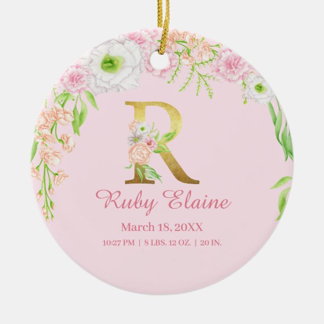 Rosa und goldener Buchstabe "R" Bläsermonogramm Ge Keramik Ornament (Vorne)