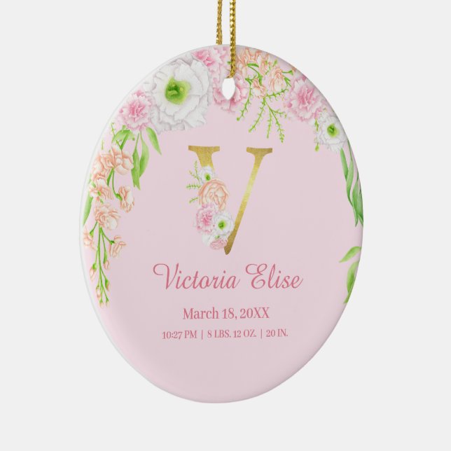 Rosa und goldener Buchstabe "V" Blumenmonogramm Ge Keramik Ornament (Rechts)