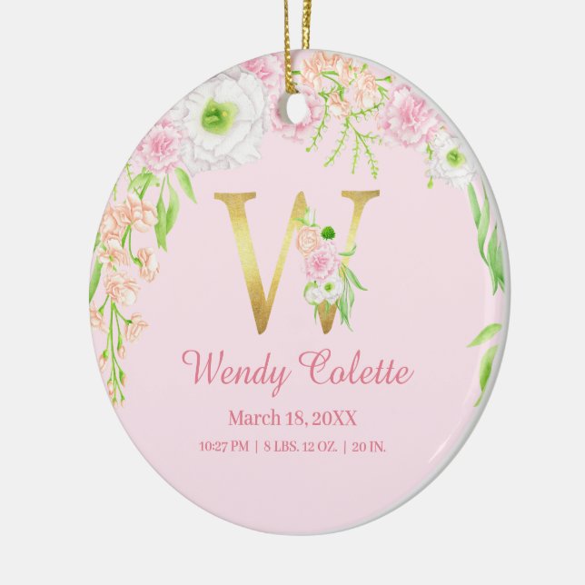 Rosa und goldener Buchstabe "W" Blumenmonogramm Ge Keramik Ornament (Links)