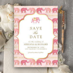 Rosa und Goldener Elefant Indischer Hochzeitsfoto Save The Date