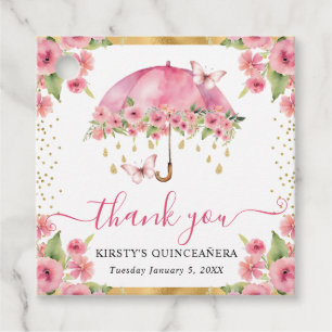 Rosa und goldener Frühlingsparasoll Quinceanera Geschenkanhänger