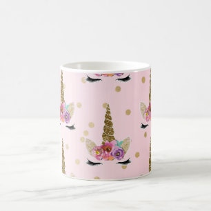 Rosa und goldener Glitter-Einhorn-Blumen-Horn Mode Kaffeetasse
