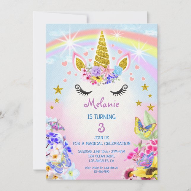 Rosa und goldener Glitzer Einhorn Regenbogen Gebur Einladung (Vorderseite)