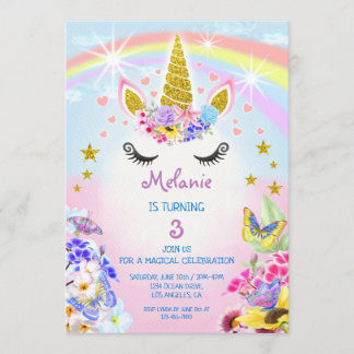 Rosa und goldener Glitzer Einhorn Regenbogen Gebur Einladung