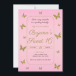 Rosa und goldener Glitzer Schmetterling Sweet 16 P Einladung<br><div class="desc">für jedes Ereignis anpassen</div>