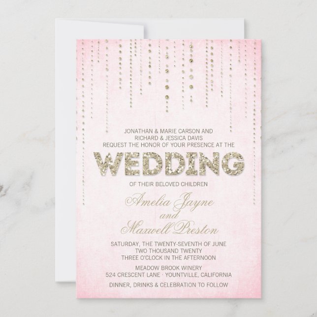 Rosa und goldener Glitzer sehen Hochzeitseinladung Einladung (Vorderseite)