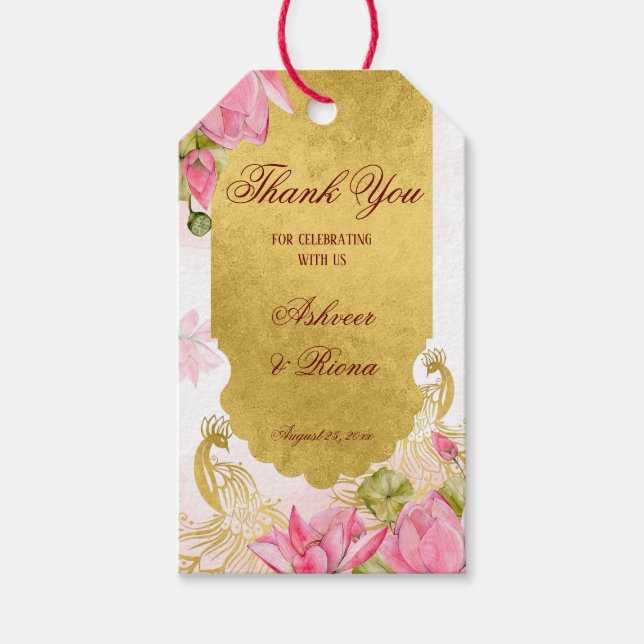 Rosa und goldener Pfauenlotus Indische Hochzeit Geschenkanhänger (Vorderseite)