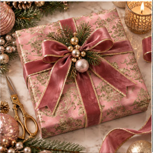 Rosa und goldener Samt-Damaskus-Feiertag Geschenkpapier