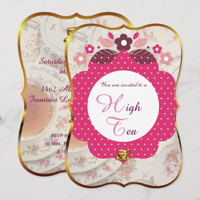 Rosa und goldener Tee Einladung (Vorne/Hinten)