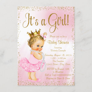 Rosa und goldenes Ballerina-Tutu-Perlen-Baby-Party Einladung