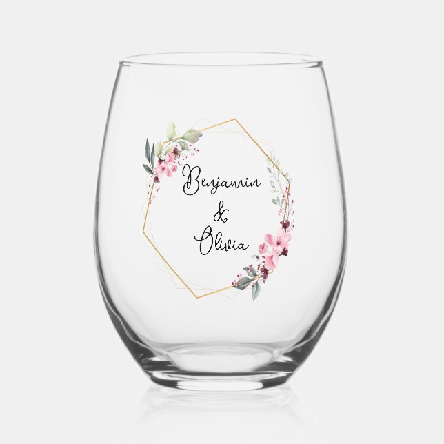 Rosa und goldenes Blumenglas Stemless Weine Weinglas Ohne Stiel (Vorderseite)