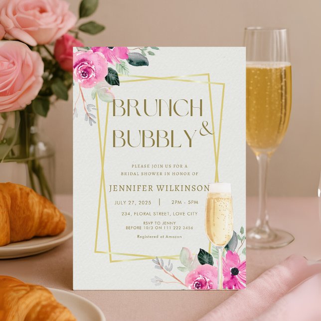 Rosa und goldenes Brunch & Bubbly Brautparty Einladung (Pink and Gold Brunch Bubbly Bridal Shower Invitation)