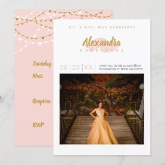 Rosa und goldenes Foto Quinceanera Einladung