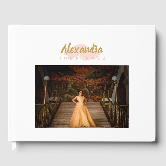 Rosa und goldenes Foto Quinceanera Gästebuch (Vorderseite)