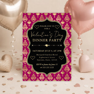 Rosa und goldenes Herz-Damaskus Valentinstag-Dinne Einladung