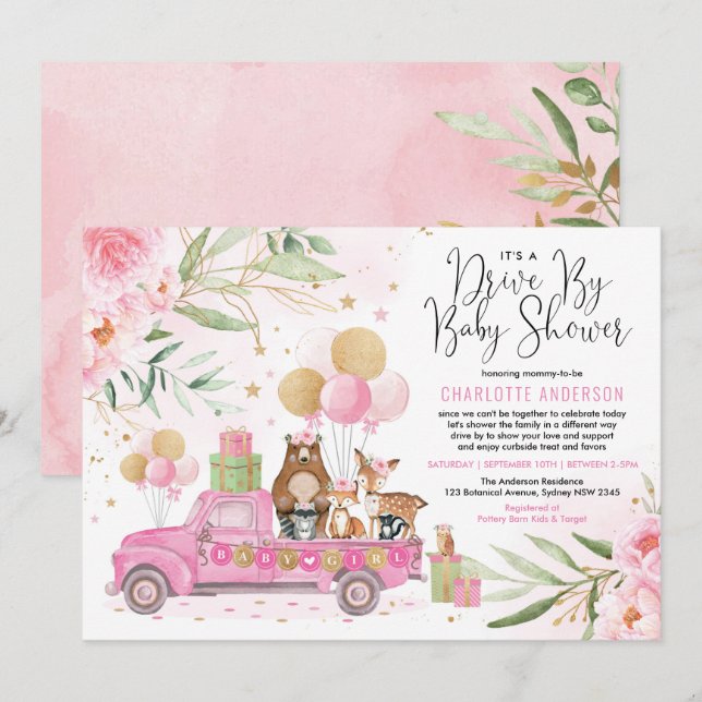 Rosa und goldenes Holzlaufwerk durch Babydusche Einladung (Vorne/Hinten)