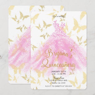 Rosa und goldenes Schmetterlings-Tanzkleid Quincea Einladung