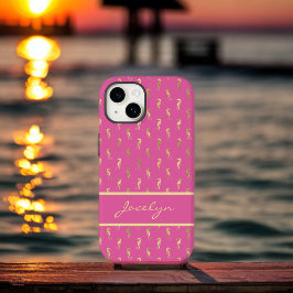 Rosa und goldenes Seepferd Muster mit Monogramm Case-Mate iPhone 14 Hülle