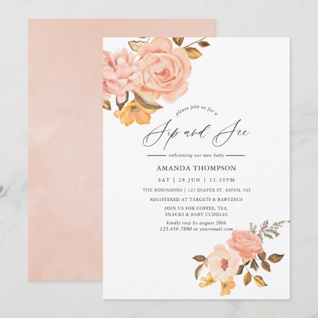 Rosa und goldfarbene Blütensippe und Party sehen Einladung (Vorne/Hinten)