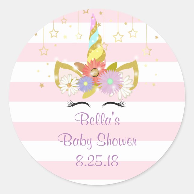 Rosa und goldfarbene Einhorn-Babyduschkleber Runder Aufkleber (Vorderseite)