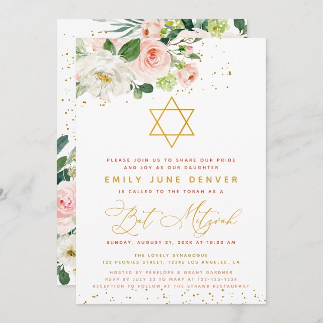 Rosa und goldfarbene Flora Bat Mitzvah Einladung (Vorne/Hinten)