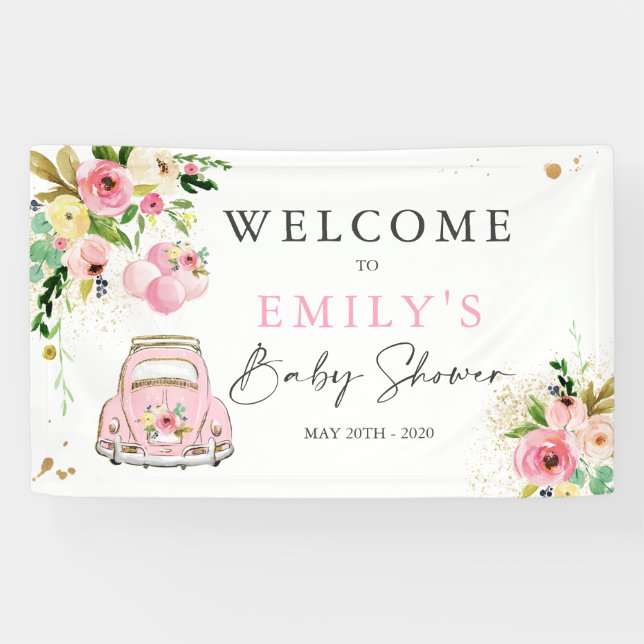 Rosa und goldfarbene Flora mit Babydusche Empfang Banner (Horizontal)