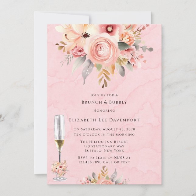 Rosa und goldfarbene florale Brunch & Bubbly Einladung (Vorderseite)