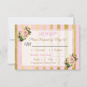 Rosa und goldfarbene, gestreifte Hochzeitskarte RSVP Karte
