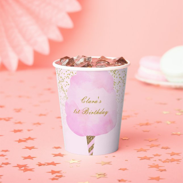 Rosa und goldfarbene Glitzer Cotton Candy Birthday Pappbecher (Insitu)