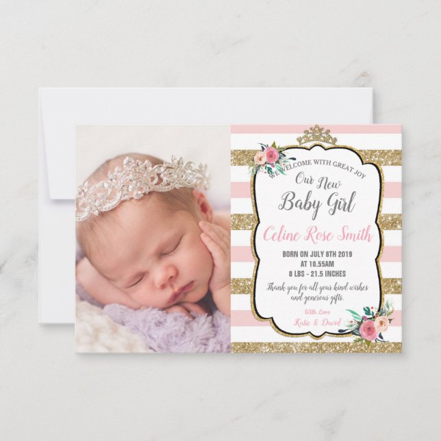 Rosa und goldfarbene Prinzessin Baby Girl Birth Ankündigung (Vorderseite)