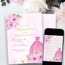 Rosa und goldfarbene Prinzessin Dress Quinceanera Einladung