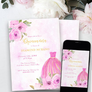 Rosa und goldfarbene Prinzessin Dress Quinceanera Einladung