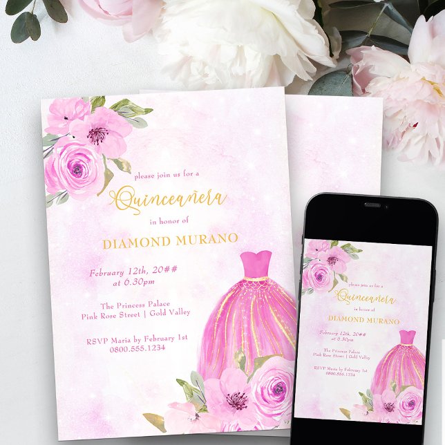 Rosa und goldfarbene Prinzessin Dress Quinceanera Einladung (Quinceanera Invitation from my Galaxy Floral Princess Quinceanera collection)