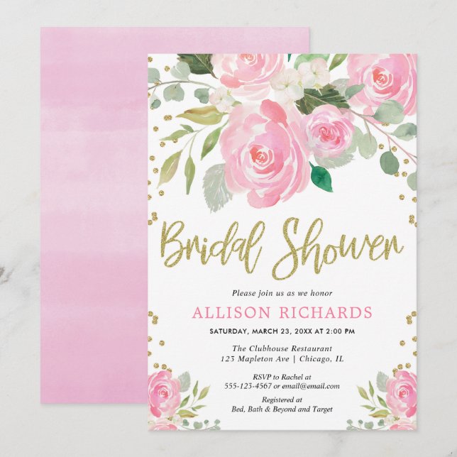 Rosa und goldfarbene Rose Brautparty Einladung (Vorne/Hinten)