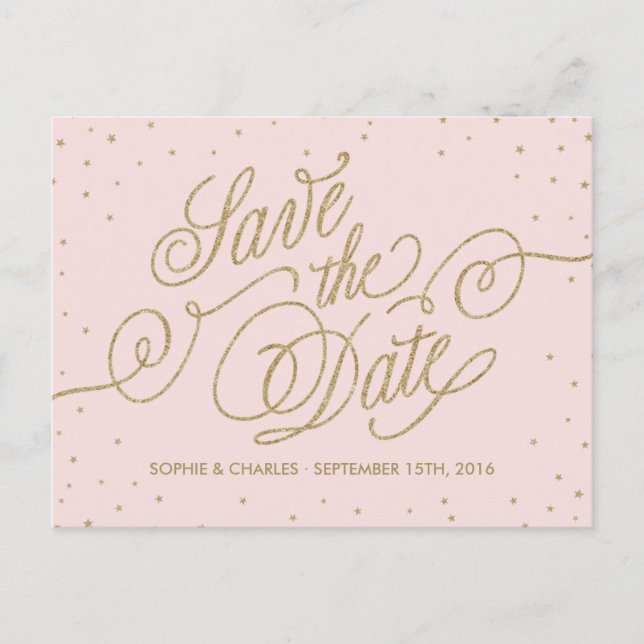 Rosa und goldfarbene Sterne Save the Date Postkart Ankündigungspostkarte (Vorderseite)